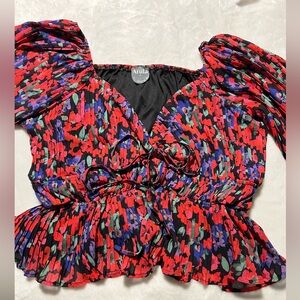 Arula Red and Purple Floral Blouse with Puff Sleeves